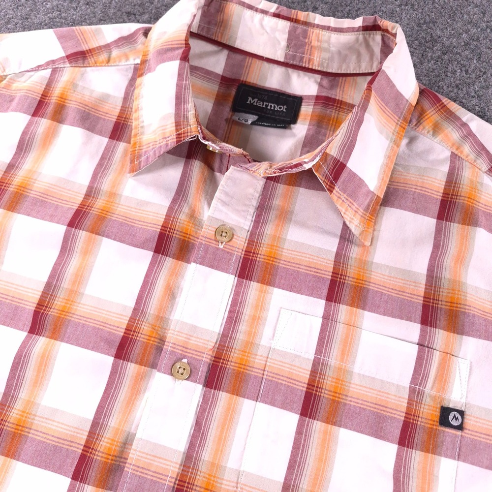Marmot Mens Large Short Sleeve Button Down Shirt Orange Plaid Organic Cotton